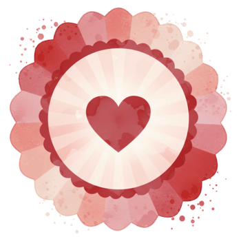 A watercolor style heart inside a circular frame with scalloped edges and petal like shapes around it on transparent background png