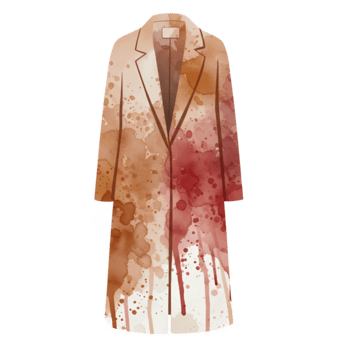 Watercolor style rendering of a long coat with lapels and a label in neutral and red colors on transparent background png