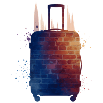 maleta con un ladrillo textura y un encargarse de en contra un llanura fondo con resumen formas alrededor eso en transparente antecedentes png