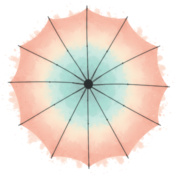 Aerial view of an open umbrella with a gradient of peach and light blue color from the center out on transparent background png