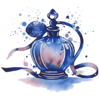 un acuarela estilo imagen de un azul perfume botella con un cinta y pequeño cuadrado papel picado formas alrededor eso en transparente antecedentes png
