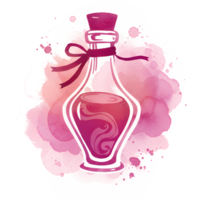 poción botella con cinta y tapón en rosado acuarela chapoteo con líquido remolino diseño dentro eso en transparente antecedentes png