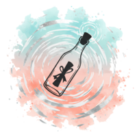 un mensaje en un botella con un Desplazarse dentro en contra un vistoso acuarela remolino diseño elemento gráfico en transparente antecedentes png
