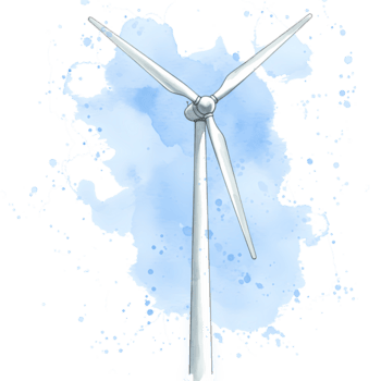 A watercolor style rendering of a wind turbine against a light sky with a splattered effect around it on transparent background png