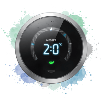 A smart thermostat displaying a temperature reading with a circular metallic frame and watercolor effect on transparent background png