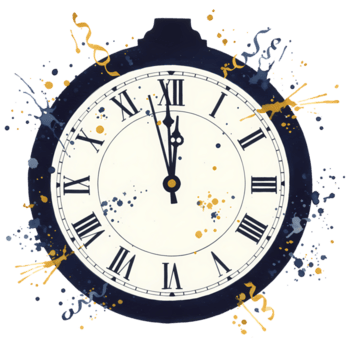 un' stilizzato orologio viso mostrando quasi dodici con dipingere schizzi in giro il bordo su un' neutro spazio su trasparente sfondo png