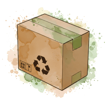 een karton doos met een recycle symbool en behandeling instructies Aan een waterverf spetterde achtergrond Aan transparant achtergrond png