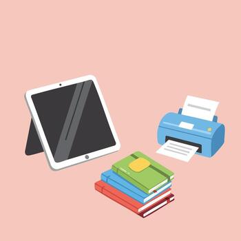 digital tableta impresora y apilar de vistoso libros en rosado antecedentes aislado ilustración vector