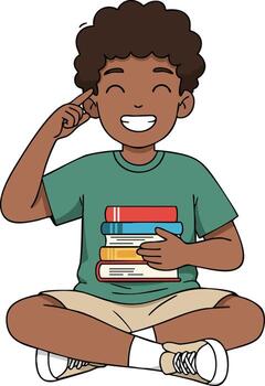 Smiling boy sitting cross-legged with stack of books holding and pointing at head education concept illustration vector