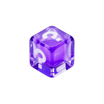 Luminous purple translucent cube adorned with question marks floats on a seamless field png