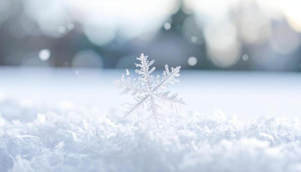 Macro Shot of a Single Snowflake on Snowy Surface with Bokeh Background. photo
