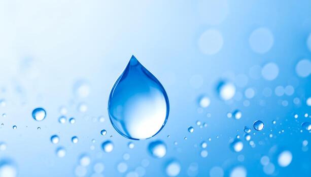 Macro Shot of a Single Water Drop on a Light Blue Bokeh Background. photo