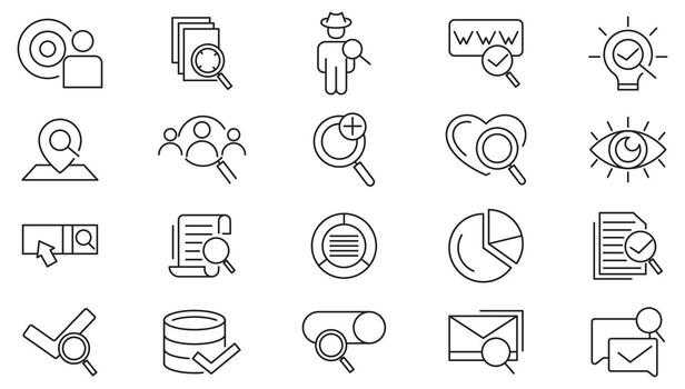 Search line icon set. Magnifying glass, SEO, business, website, optimization, sign, loupe, revision, inspector, monitoring, analysis line icon set vector