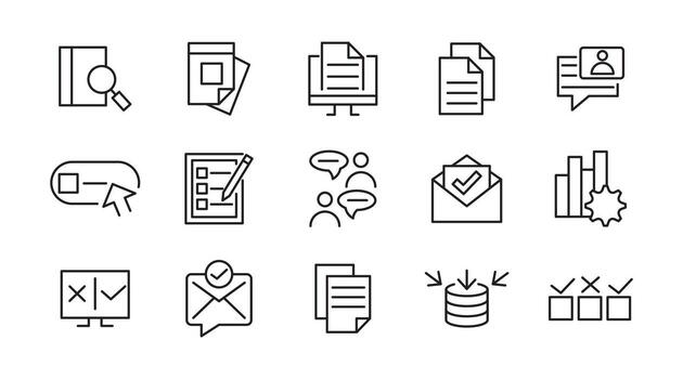 encuesta línea icono colocar. auditoría, análisis, plan, evaluación, resultado, calidad proceso, revisar, comentario, examen, documento, negocio gestión, inspección, estadística línea icono colocar. ui Delgado línea icono embalar. vector
