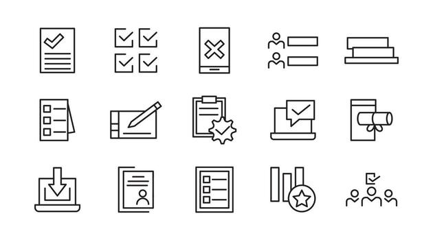 encuesta línea icono colocar. auditoría, análisis, evaluación, plan, calidad proceso, resultado, revisar, comentario, examen, documento, negocio gestión, inspección, estadística línea icono colocar. ui Delgado línea icono embalar. vector