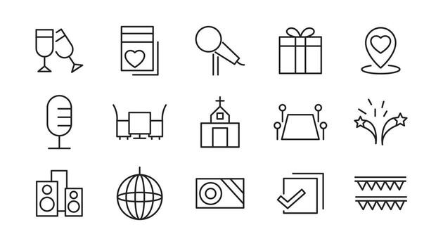 EVENT Planning line icon set. Containing date, schedule, management, catering, registration, wedding, coordination, invitation, birthday cake, buffet line icon set. UI thin line icon vector