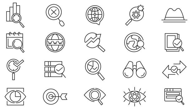 Search line icon set. SEO, magnifying glass, website, business, optimization, sign, loupe, revision, inspector, monitoring, analysis line icon set. UI thin line icon pack vector