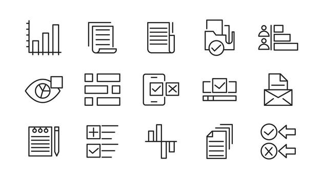encuesta línea icono colocar. análisis, auditoría, plan, evaluación, calidad proceso, resultado, revisar, comentario, examen, documento, negocio gestión, inspección, estadística línea icono colocar. ui Delgado línea icono paquete vector