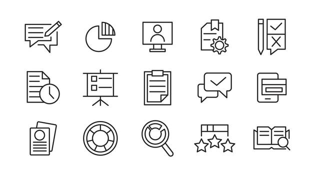 encuesta línea icono colocar. auditoría, análisis, plan, evaluación, calidad proceso, resultado, revisión, comentario, examen, documento, negocio administración datos, inspección, estadística línea icono colocar. vector