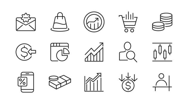 ventas y márketing línea icono colocar. gestión, SEO, objetivo, anuncio, analítica, conversión, tubería, dirigir generación, retención, embudo contorno iconos ui Delgado línea icono paquete vector