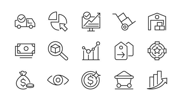 ventas y márketing línea icono colocar. SEO, gestión, objetivo, anuncios, analítica, tubería, conversión, embudo, dirigir Generacion contorno iconos ui Delgado línea icono embalar. vector