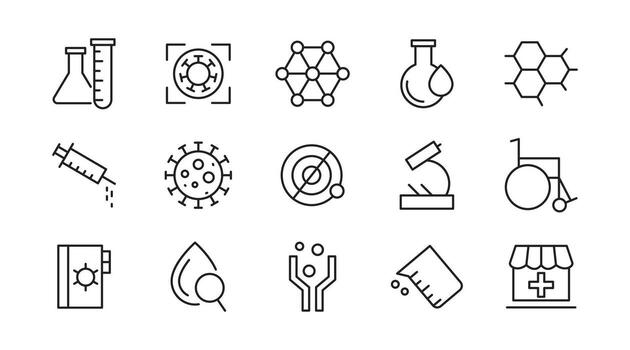 Laboratory and Test line icon set. Research, laboratory, scientist, experiment, lab, science, chemical, toxic, microscope, education, biotechnology line icon set vector