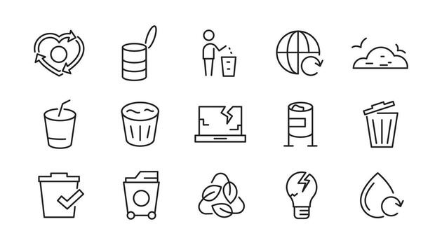 Waste and Recycling line icon set. Eco, reduce, save, reuse, plastic, glass, pollution, dump, refuse, bin, sweep, garbage disposal, trash separation line icon set vector