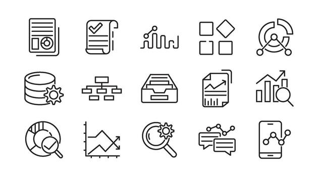 Analysis line icon set. Data analysis, startup, collaboration, audit, workflow, milestones, deadlines, planning, growth, NS, server, domain line icon set vector