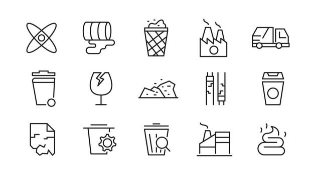 Waste and Recycling line icon set. Eco, save, reduce, reuse, plastic, glass, pollution, dump, refuse, bin, sweep, garbage disposal, trash separation line icon set vector
