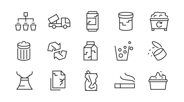 Waste and Recycling line icon set. Eco, save, reduce, reuse, plastic, pollution, glass, dump, refuse, bin, sweep, garbage disposal, trash separation line icon set vector