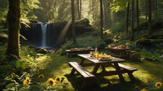 Serene forest picnic by a waterfall, with sunlit tables adorned with food and drinks, surrounded by nature photo