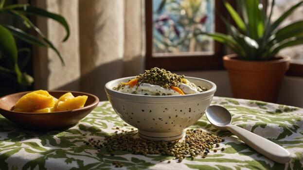 A beautifully arranged bowl of yogurt topped with seeds and citrus, set on a patterned tablecloth near a window photo