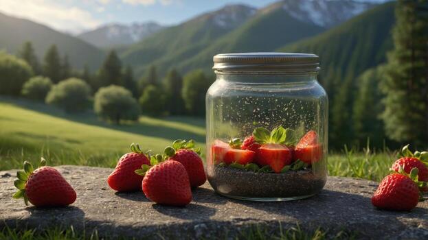 Fresh strawberries in a glass jar on a stone, surrounded by nature with mountains and trees in the background photo