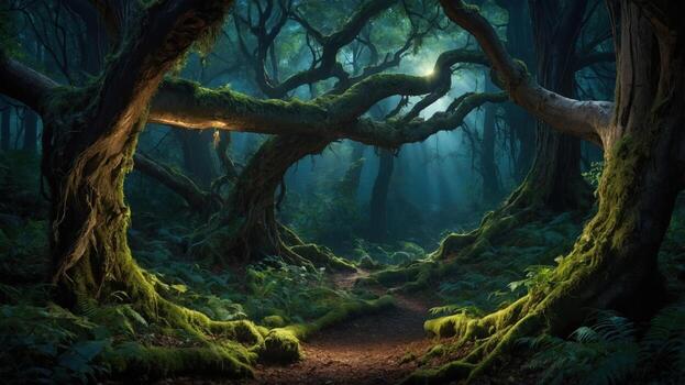 Enchanted forest pathway with dense greenery and sunlight filtering through twisted trees photo