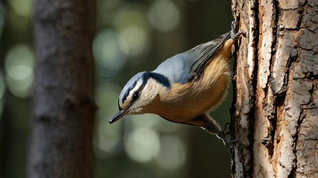 Nuthatch bird climbing a tree trunk in a sunlit forest with blurred greenery in the background photo