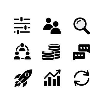 negocio y Finanzas icono conjunto incluso datos cuadro, trabajo en equipo, moneda pila, cohete, buscar, comunicación, y proceso actualizar símbolos vector