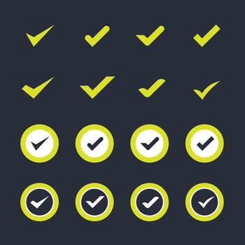 marca de verificación icono conjunto con negro antecedentes. comprobado cheque caja signo. aprobado símbolo. vector