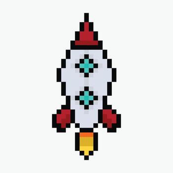 rocket pixel art icon illustration, Pixel art of a rocket icon featuring a classic shape with a red pointed nose. vector
