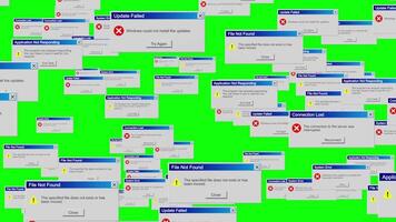 ciclo animação do computador janelas com erro mensagens vôo para a Câmera em uma verde fundo video
