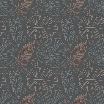 A pattern with linear tropical leaves on a dark background vector