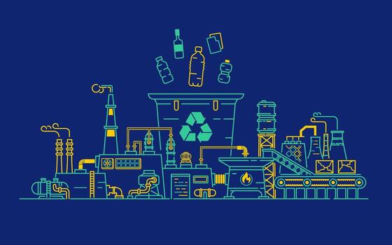concept of zero waste or sustainable business, lined graphic of plastic bottles and garbage bin combined with recycle factory vector