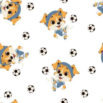 Seamless pattern in a simple, childlike style. A cute puppy in a soccer uniform plays soccer on a white background. vector
