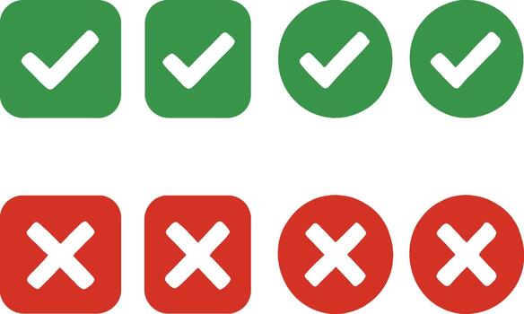 Set of green checkmarks and red crosses in rectangular and oval shapes for approval and rejection vector