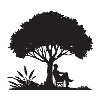 Tranquil Scene with a Person Seated Under a Grand Shade Tree and Greenery vector