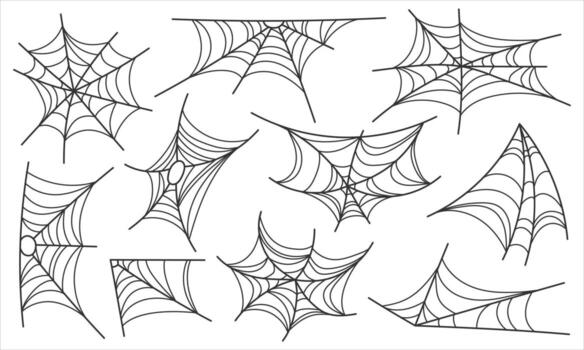 conjunto de mano dibujado telarañas silueta de negro telaraña aislado en blanco antecedentes. Víspera de Todos los Santos elementos de varios formas ilustración. vector