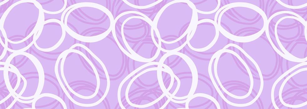 Seamless pattern with abstract hand drawn circles in purple and white on a pastel background. The overlapping rings create a modern, artistic, and dynamic composition, perfect for textiles vector