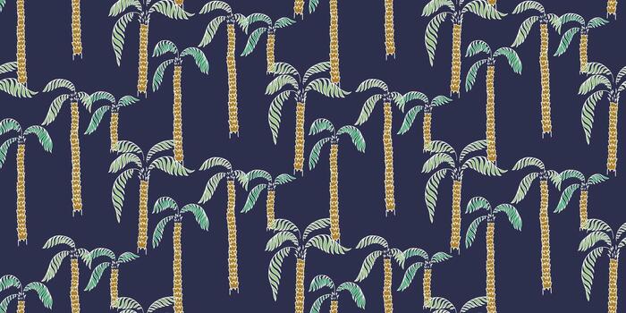seamless pattern featuring repeating palm trees with textured beige trunks and green fronds on a deep navy background. Perfect for tropical designs, textiles, wallpapers, and digital prints vector
