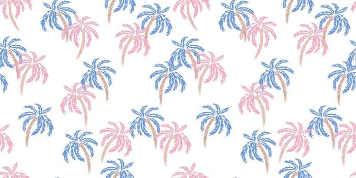 Seamless tropical palm tree pattern with a white background. The design features lush blue and soft pink palm leaves, creating a bold, exotic, and stylish look for summer fashion, textiles vector