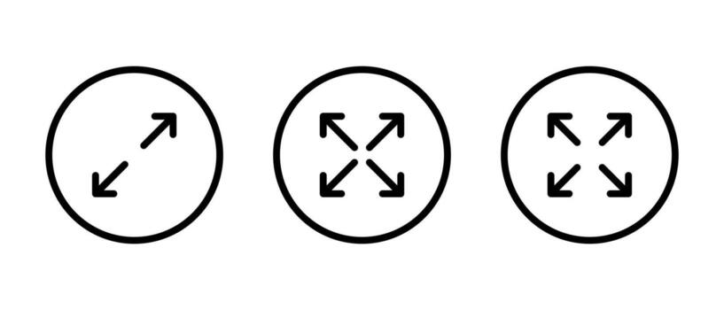 Expand and full screen icon set. Maximize display button symbol in circular outline vector