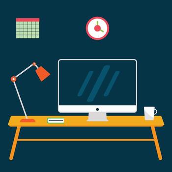 An office desk with a computer, lamp and clock vector